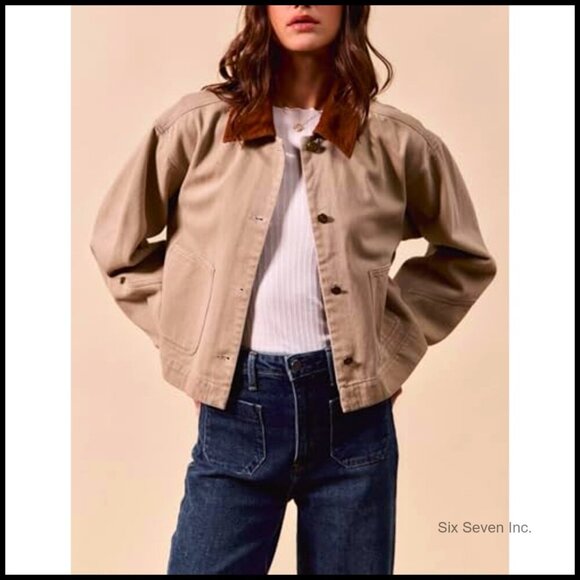 Cropped Barn Jacket Corduroy Collar Button Down Vintage Work Outerwear Pockets - Picture 2 of 7